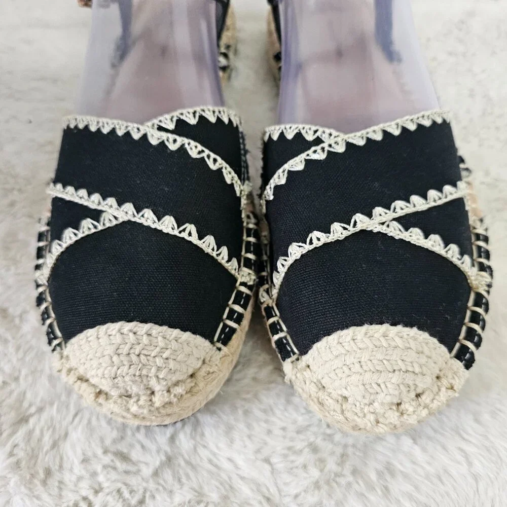 Time and Tru Espadrilles Boho Jute Crochet Black Cream 8.5